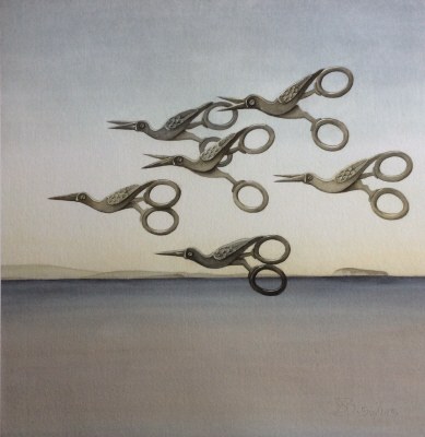 An imaginative, surreal, whimsical depiction of a flock of 'scissorbirds' over the Bristol Channel. Inspired by a pair of vintage sewing scissors