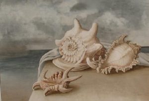 slightly surreal painting of three large shells with sea and storm clouds in the background