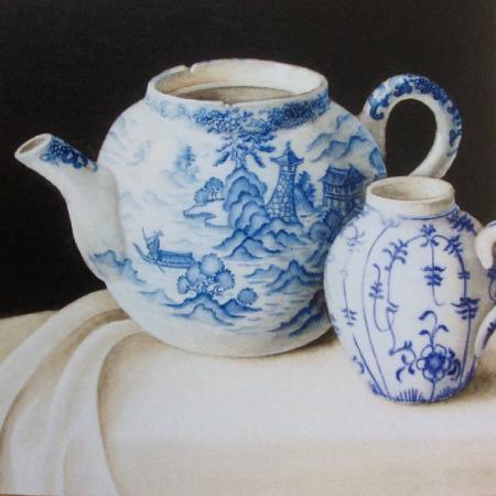 Blue and White Chinese Teapot on a White cloth with black background Greeting Card
