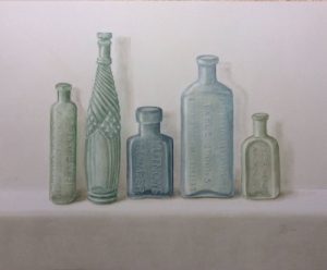 Five old glass bottles with a pale background, Original Watercolour