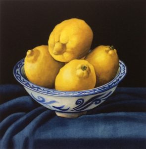Watercolour of vivid yellow lemons in an antique blue and white chinese bowl Giclee print