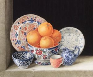 still life with oranges in an antique china bowl with two porcelain plates and a 'calico' jug