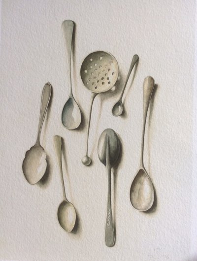Seven old spoons painted with shadows on a light background