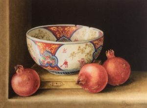 Antique Imari bowl and three red pomegranates