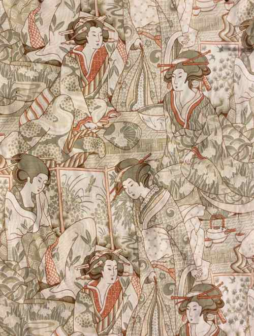 Design for a linen furnishing textile featuring a repeated pattern of Japanese figures in kimonos