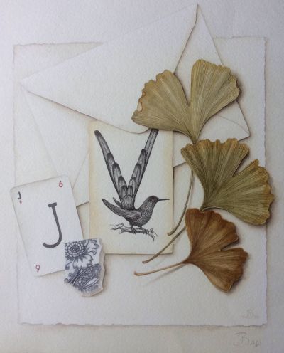 Watercolour Trompe l'oeil with Gingko leaves, engraving of a humming bird, an envelope a card a piece of ceramic tile