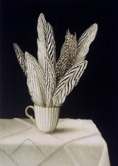 Black and white patterned feathers in a white, fluted antique cup. standing on a white tablecloth and with a black background