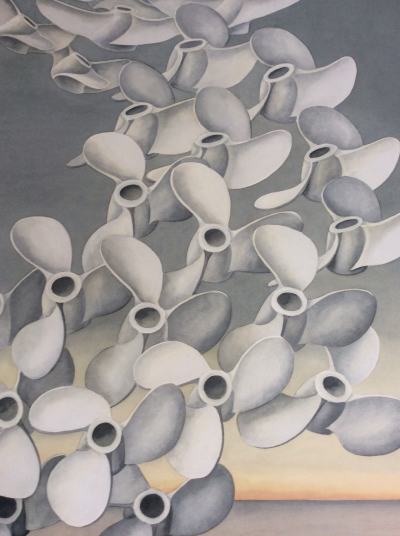 Surreal imagined watercolour of a flock of flying silver coloured propellers against a dawn sky and sea