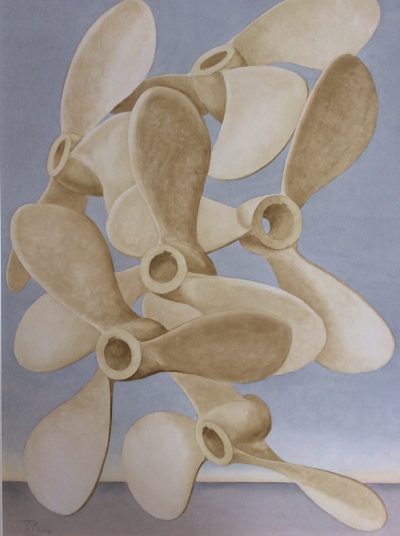 surreal imagined watercolour of six largeflying propellers against a sky and seabackground