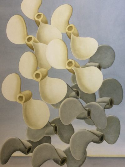 Surreal watercolour of a flock of propellers wheeling and turning against a sea and sky background